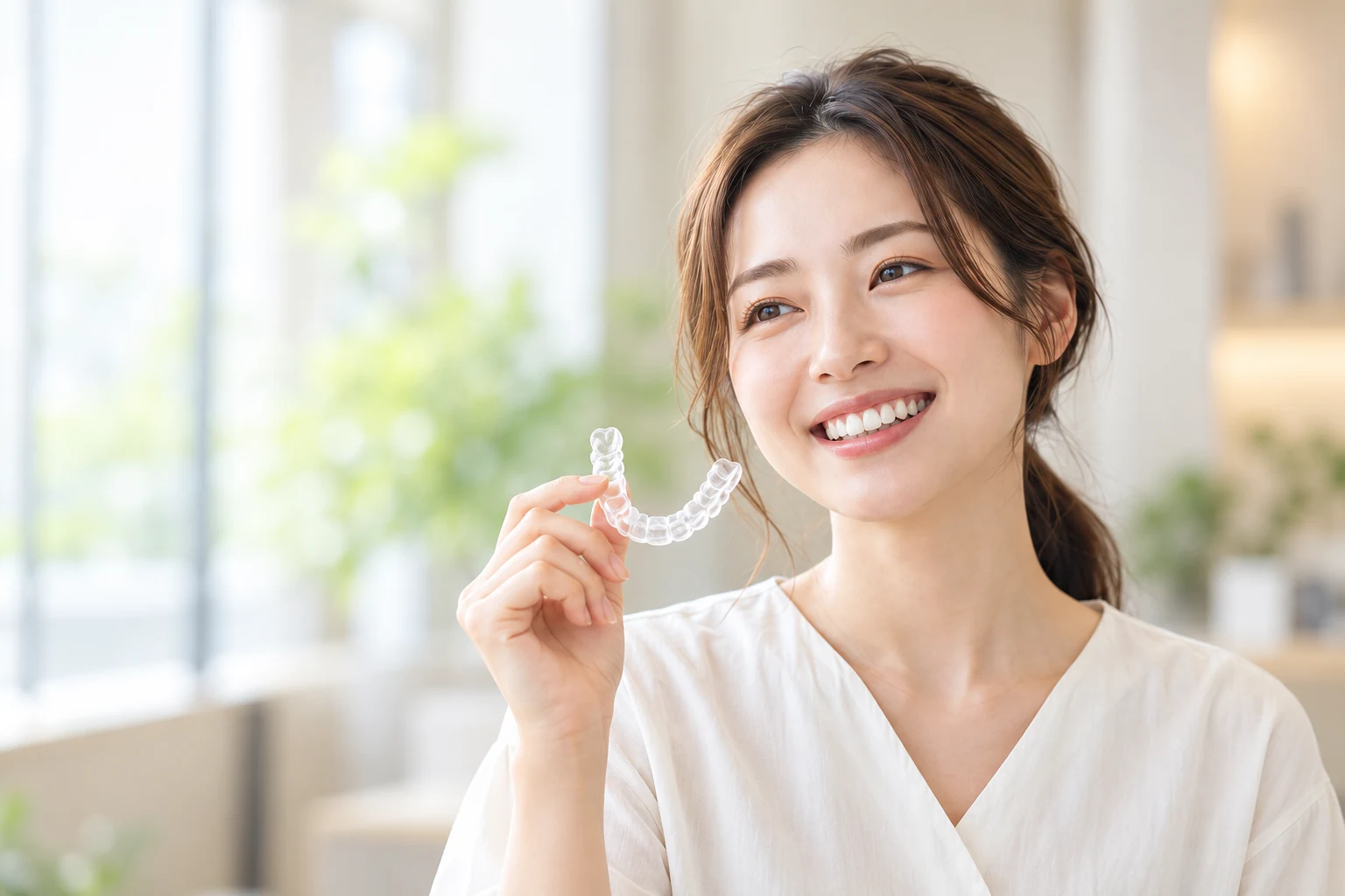 透明なマウスピースを手に持つ女性のイメージ